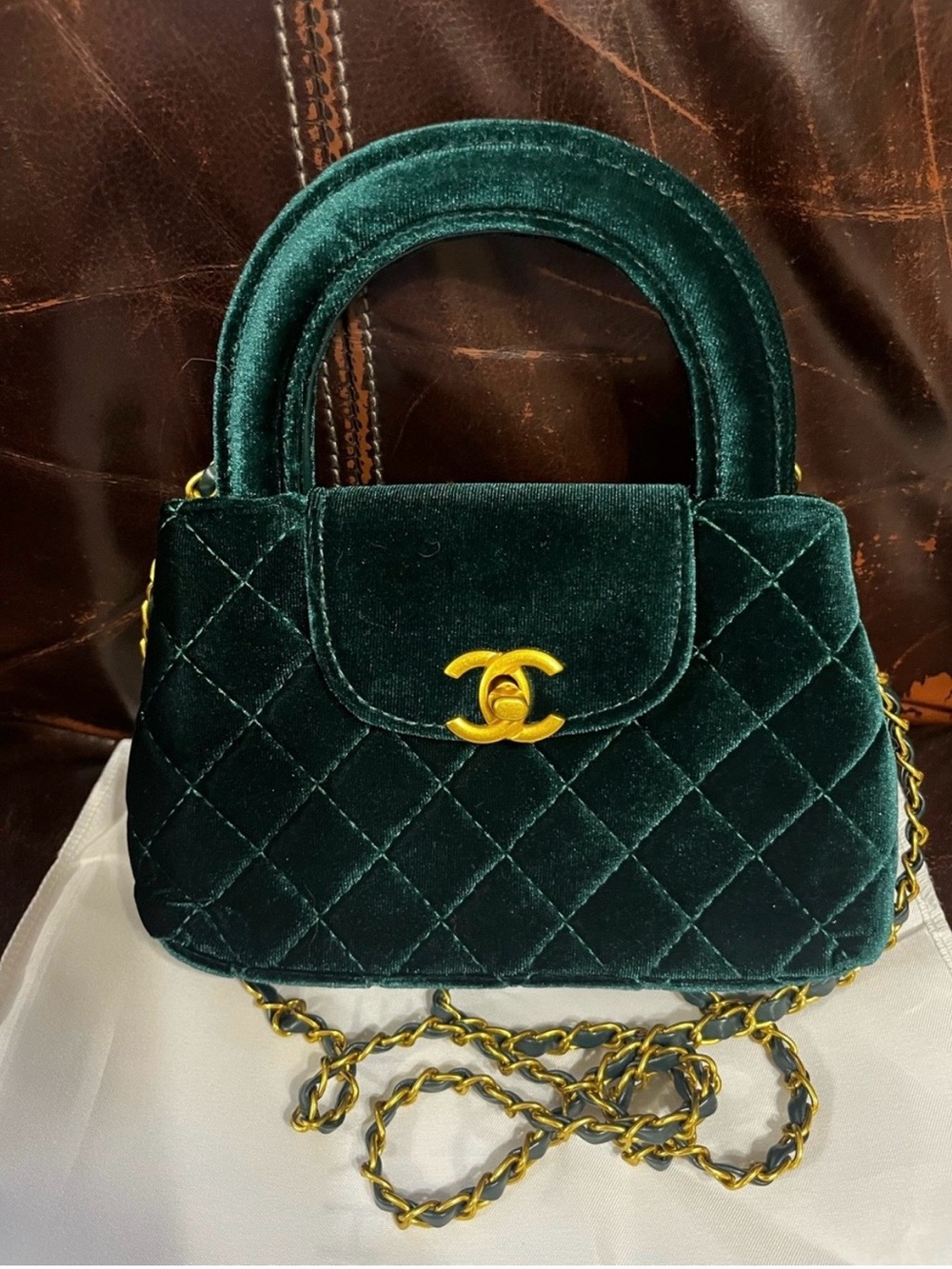 Fashion GREEN Quilted Letter C Velvet Kelly Shopper Nano Bag
